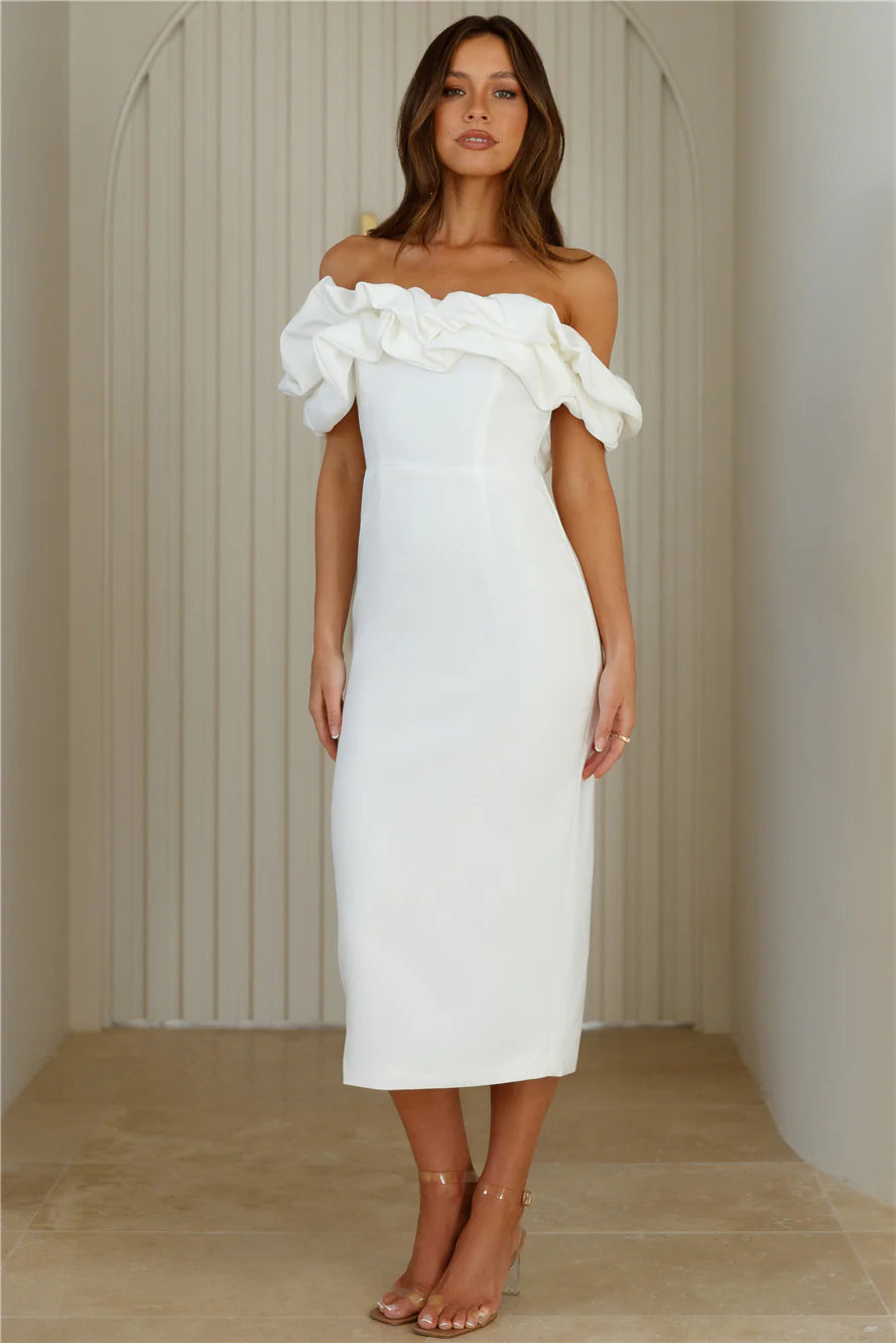 Idolise Off Shoulder Frill Midi Dress White