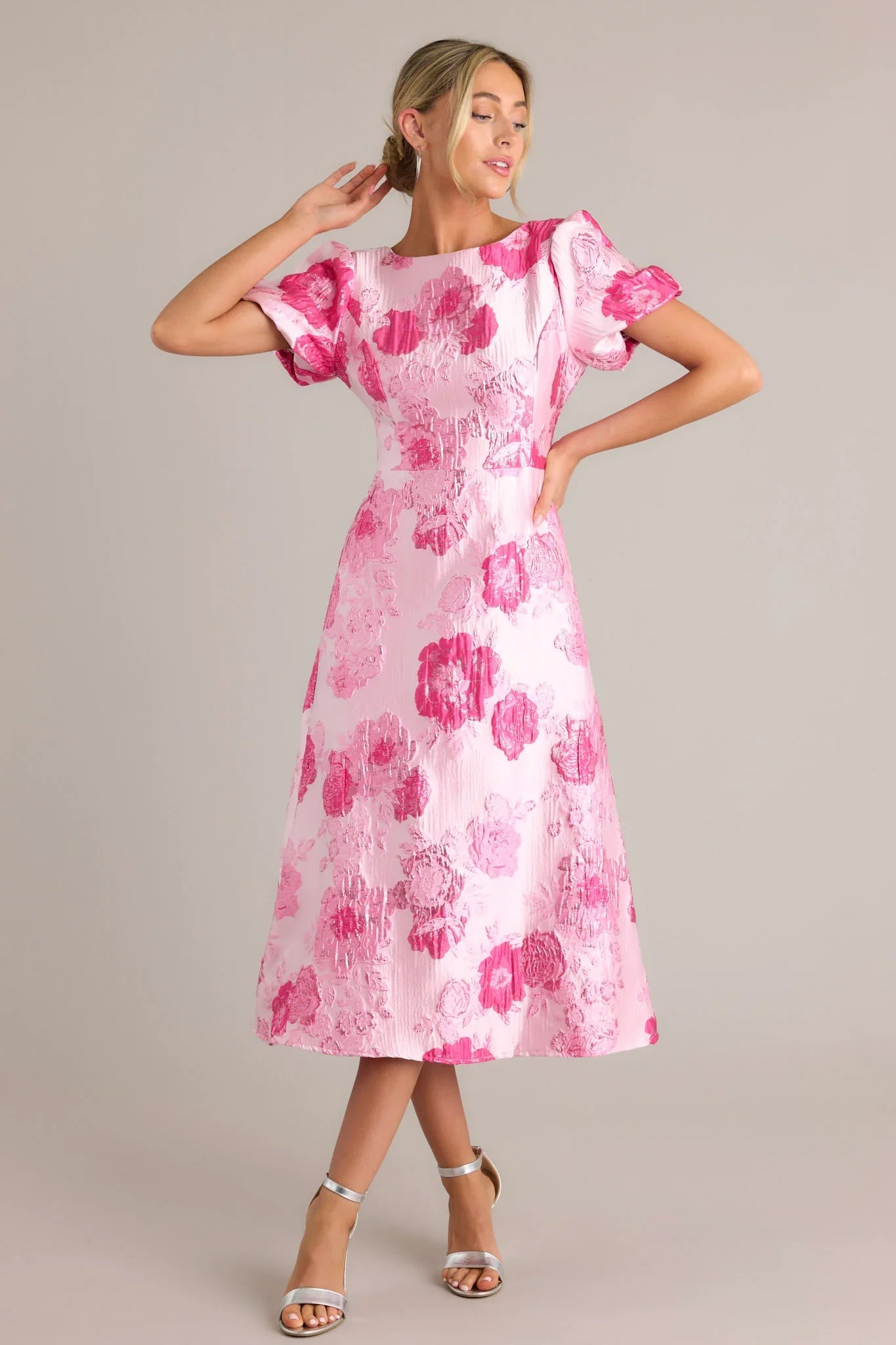 Luxe Living Light Pink Floral Jacquard Midi Dress (RESTOCK JULY)