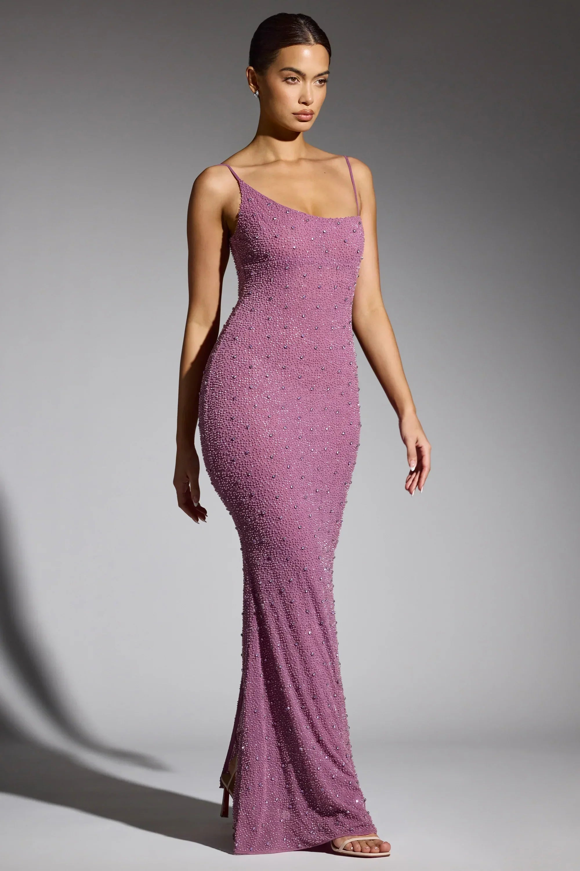 Embellished Asymmetric Maxi Dress in Grape