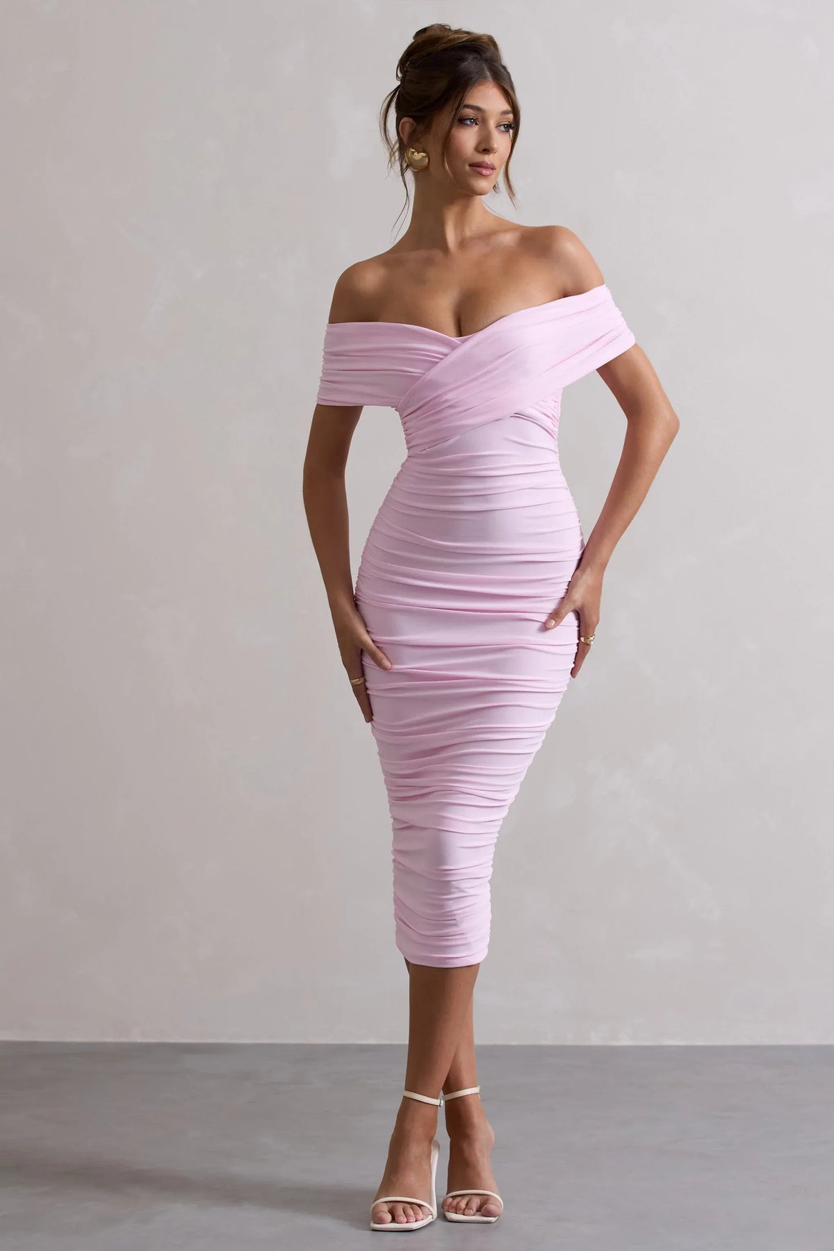 Pink Ruched Twist Bardot Midi Dress