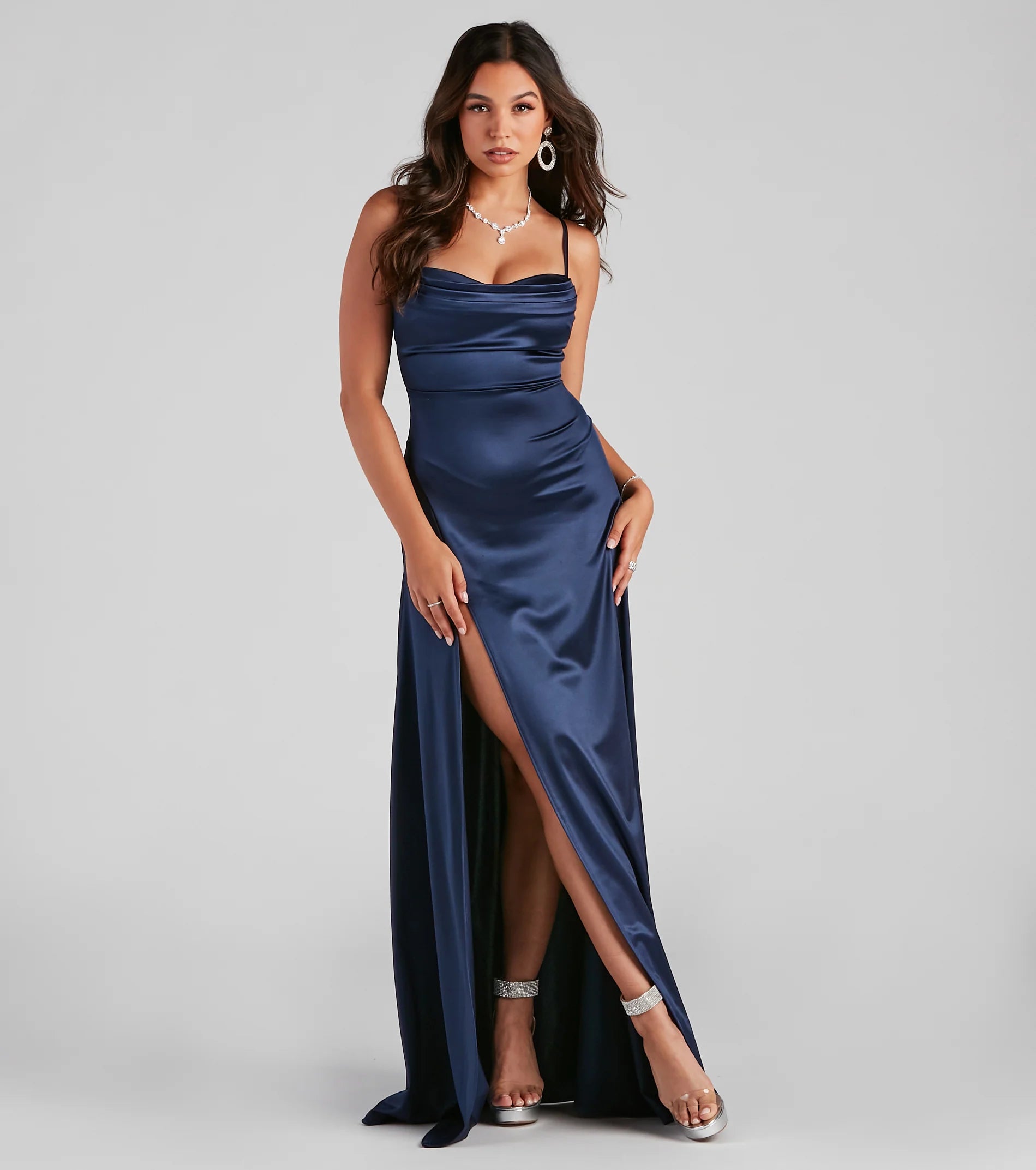 Marissa Formal Satin Cowl Neck Dress