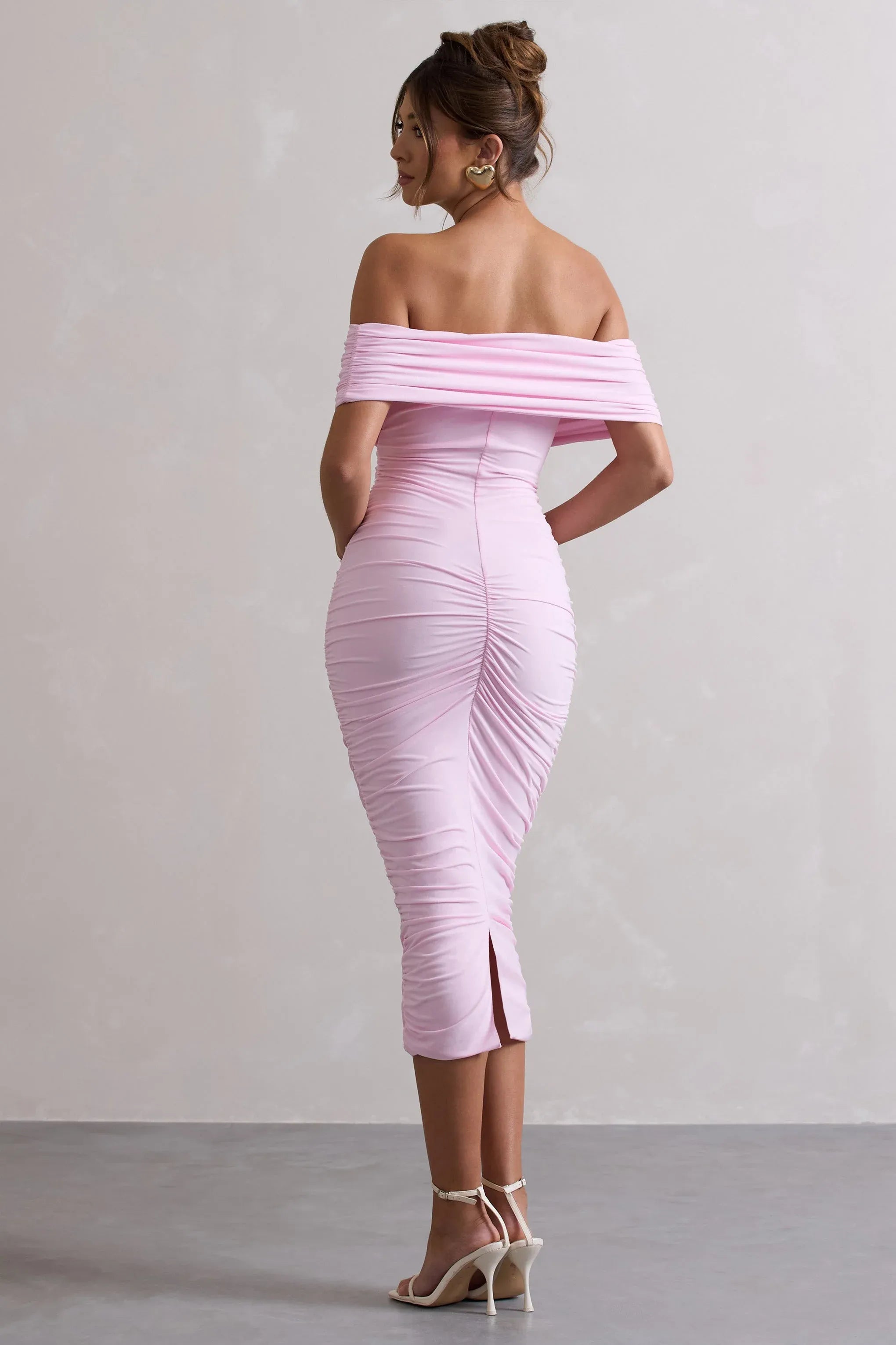 Pink Ruched Twist Bardot Midi Dress