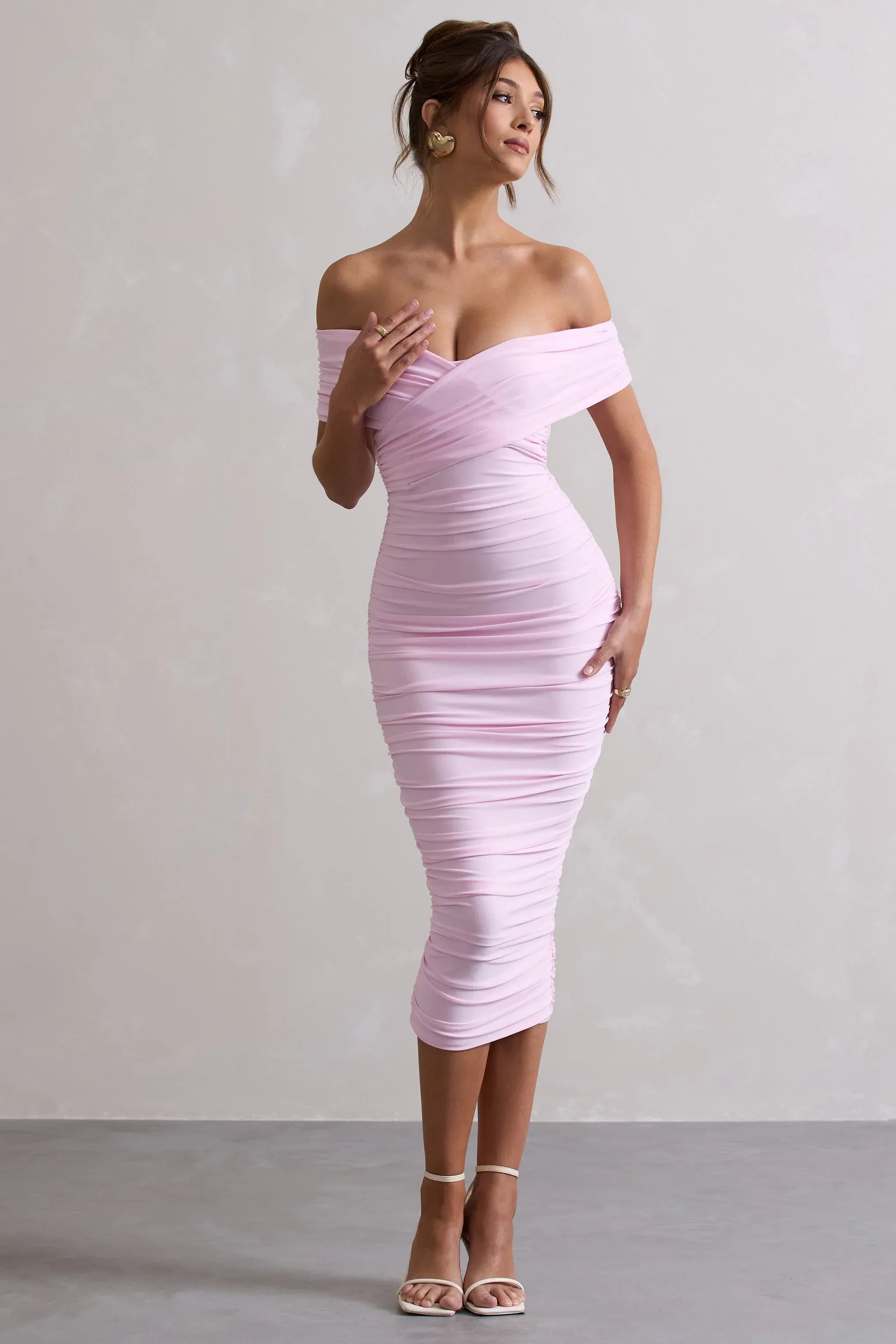 Pink Ruched Twist Bardot Midi Dress