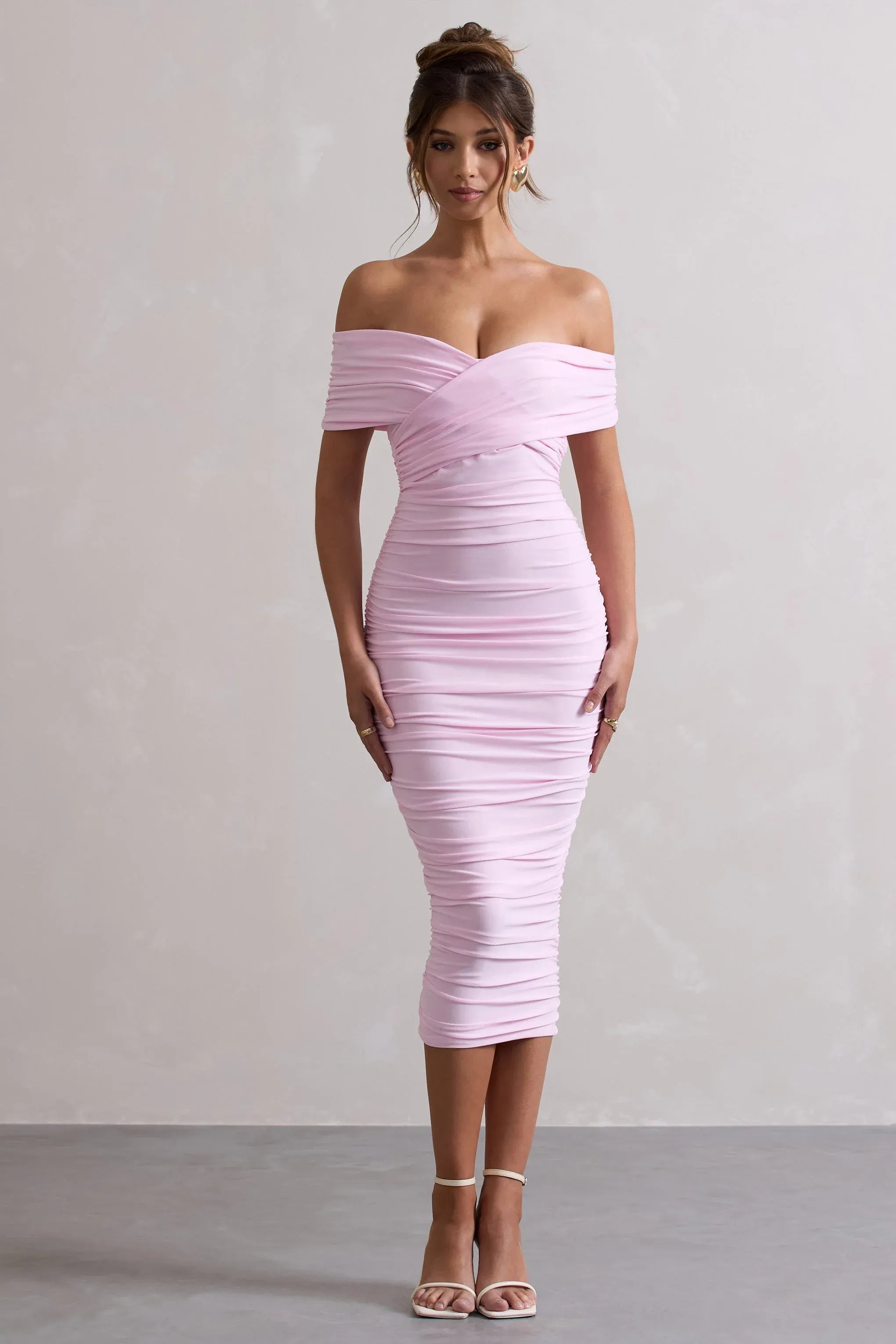 Pink Ruched Twist Bardot Midi Dress