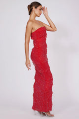 Embellished Strapless Ruffle Maxi Dress in Fire Red