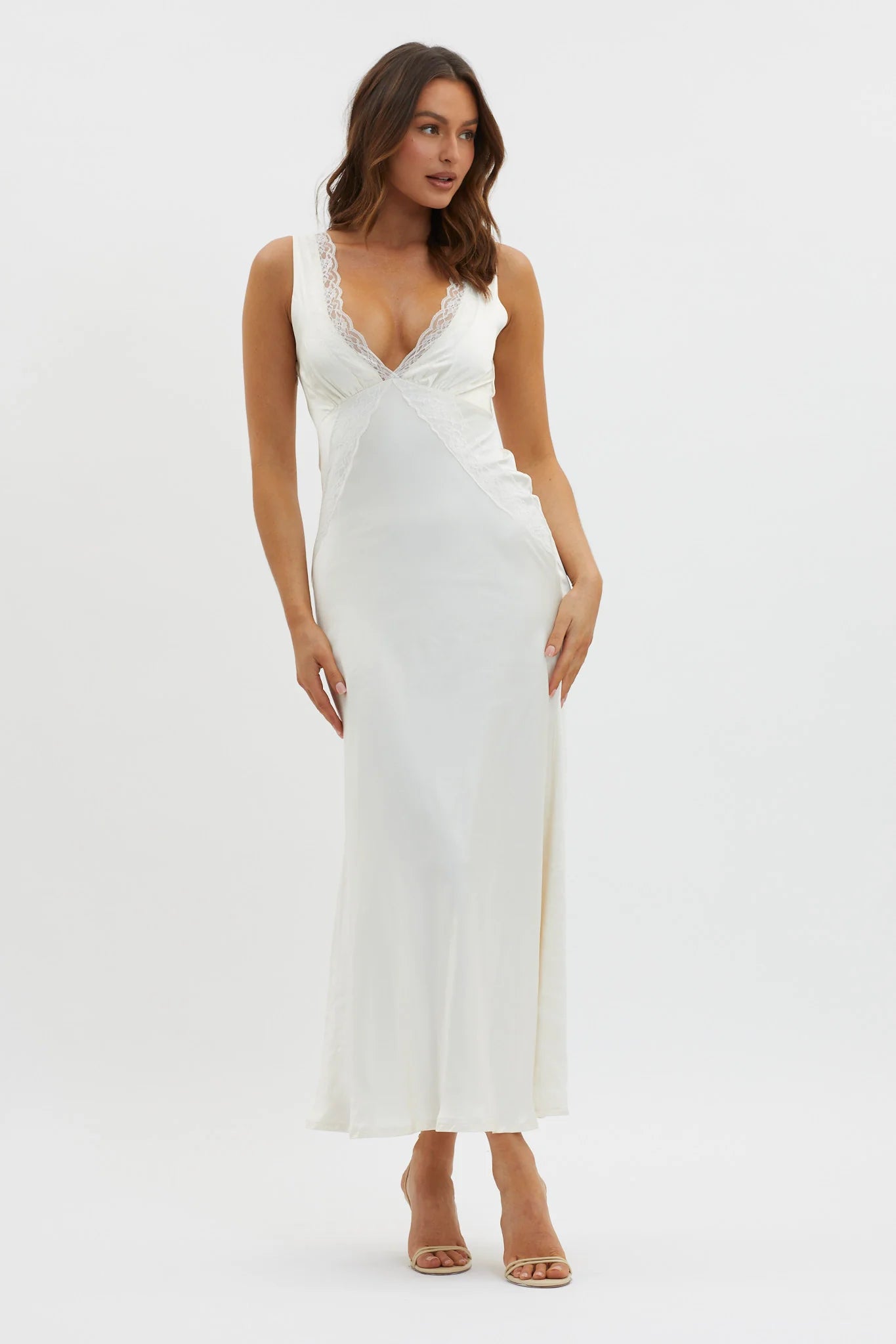 Ivonne Lace Trim V-Neck Maxi Dress Oyster