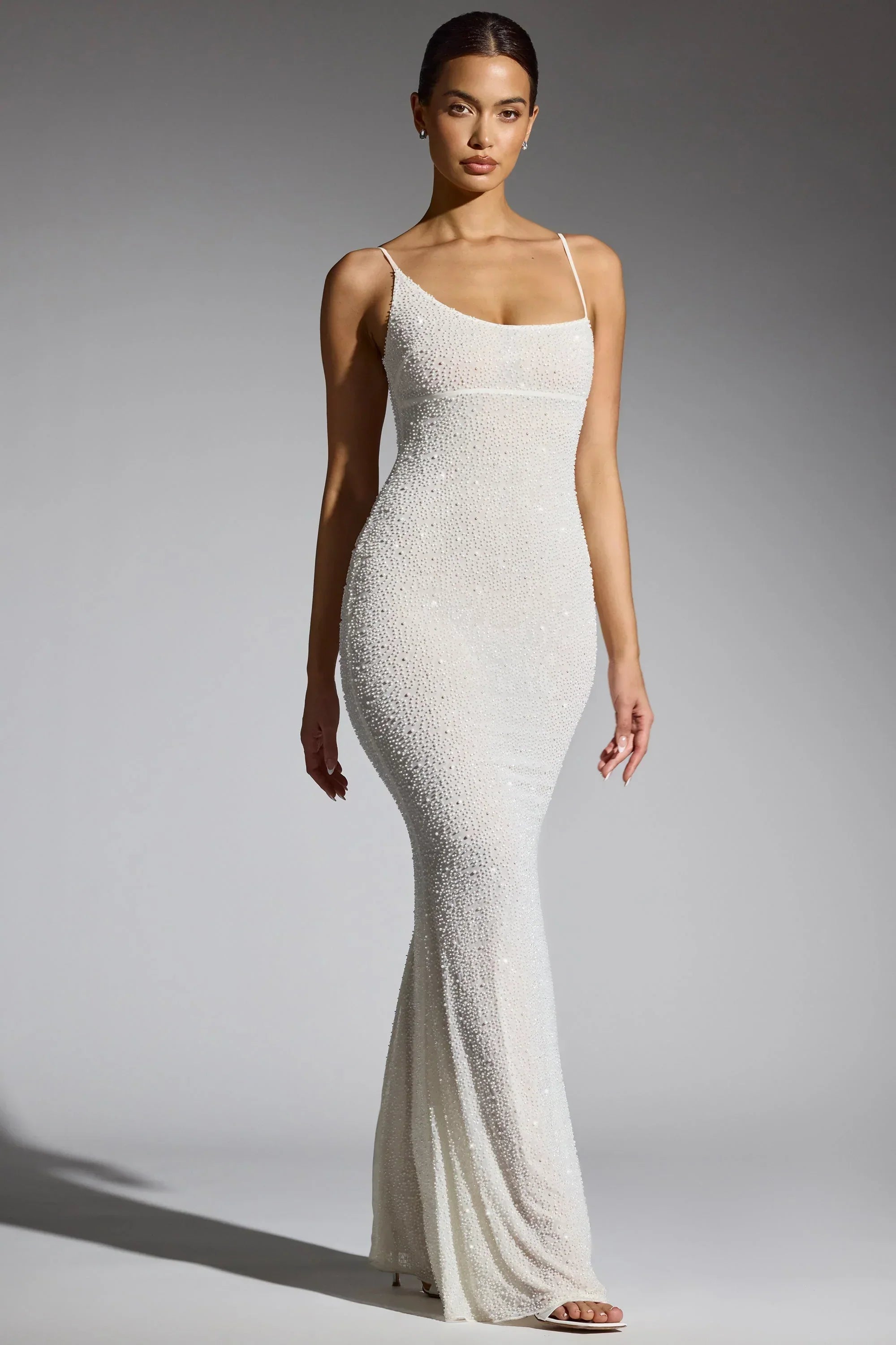 Embellished Asymmetric Maxi Dress in White