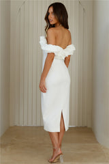 Idolise Off Shoulder Frill Midi Dress White