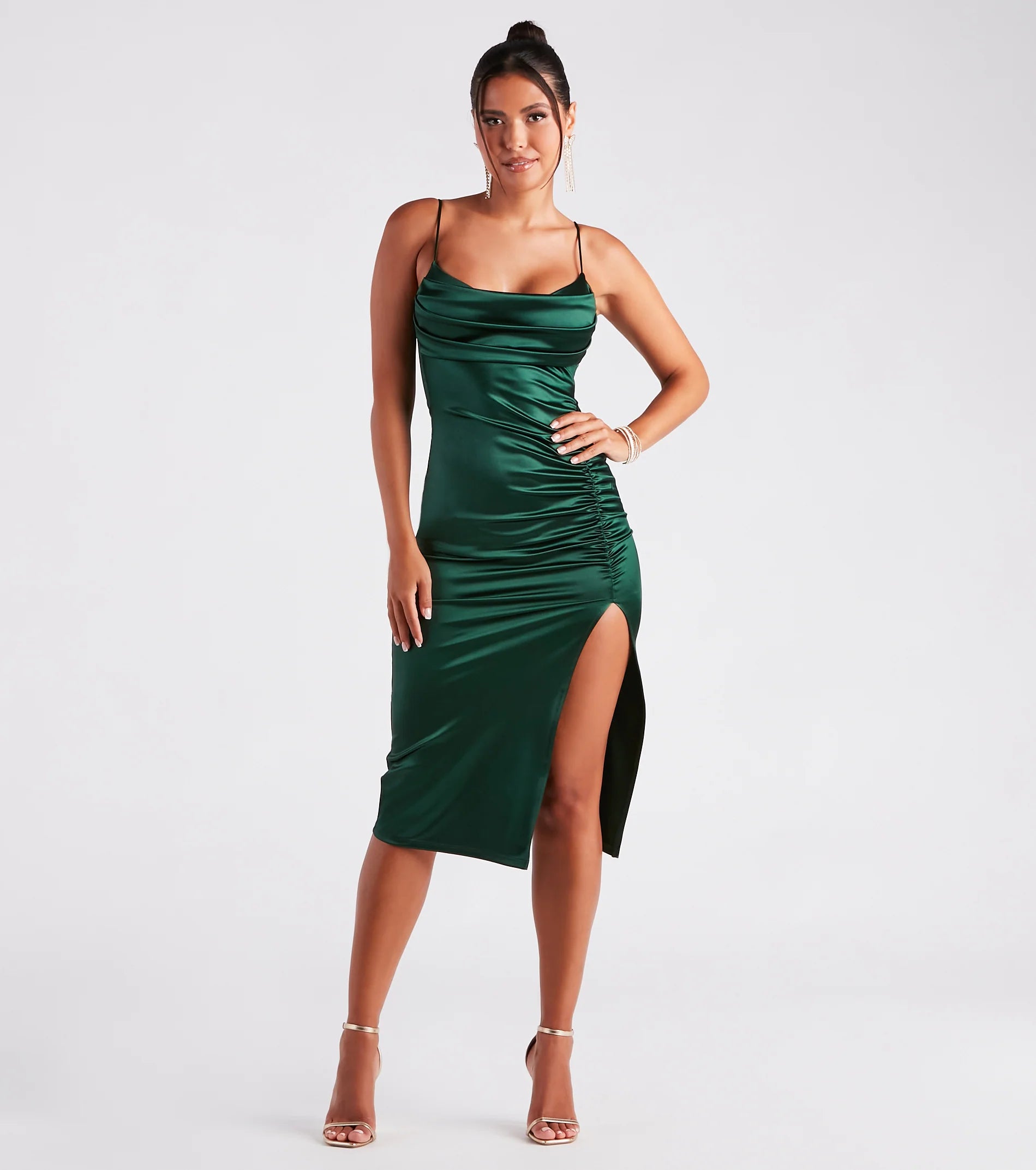 Kristen Formal Satin Cowl Neck Midi Dress