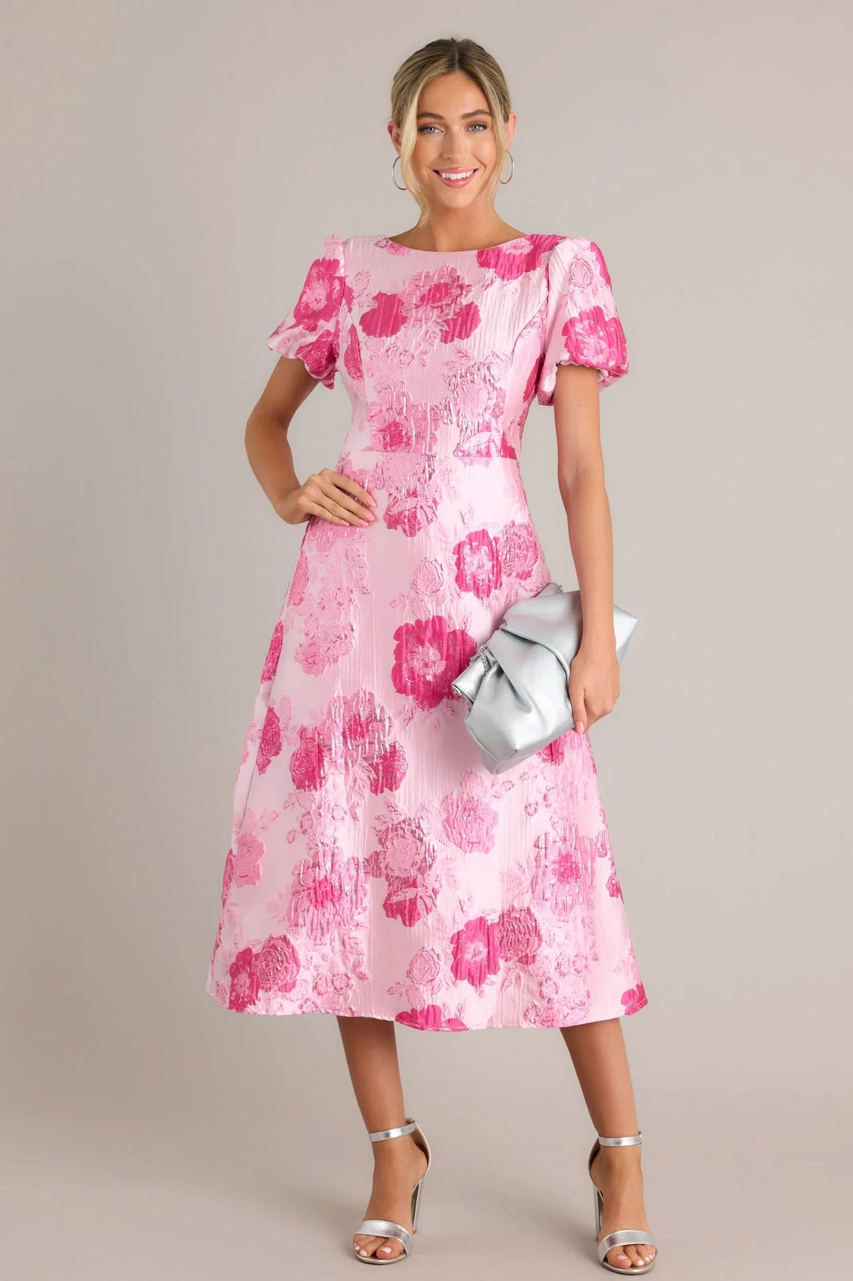 Luxe Living Light Pink Floral Jacquard Midi Dress (RESTOCK JULY)