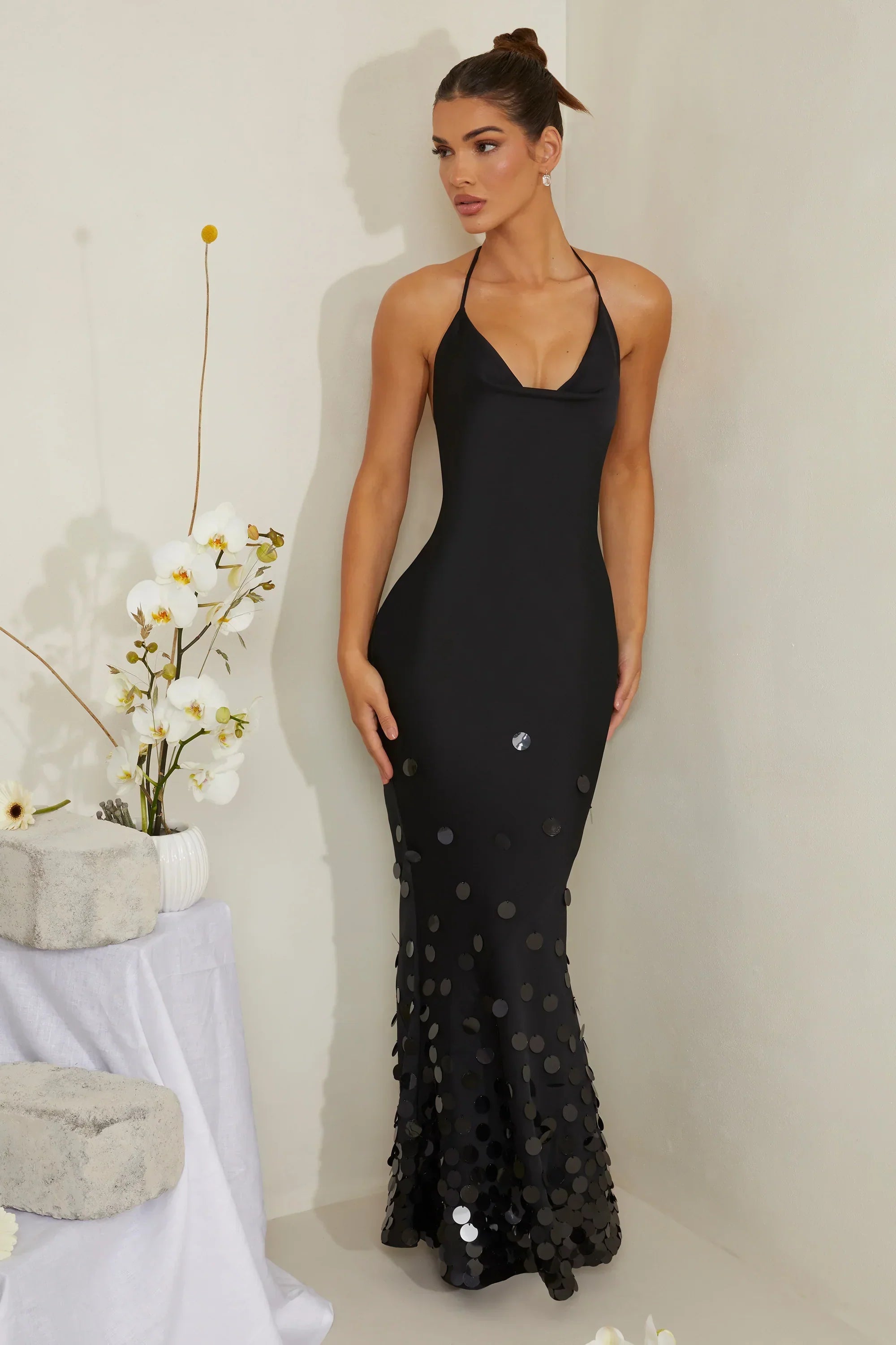 Cowl Neck Embellished Satin Maxi Dress in Black