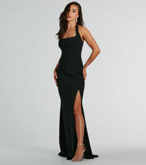 Lydia Halter Slit Mermaid Crepe Formal Dress