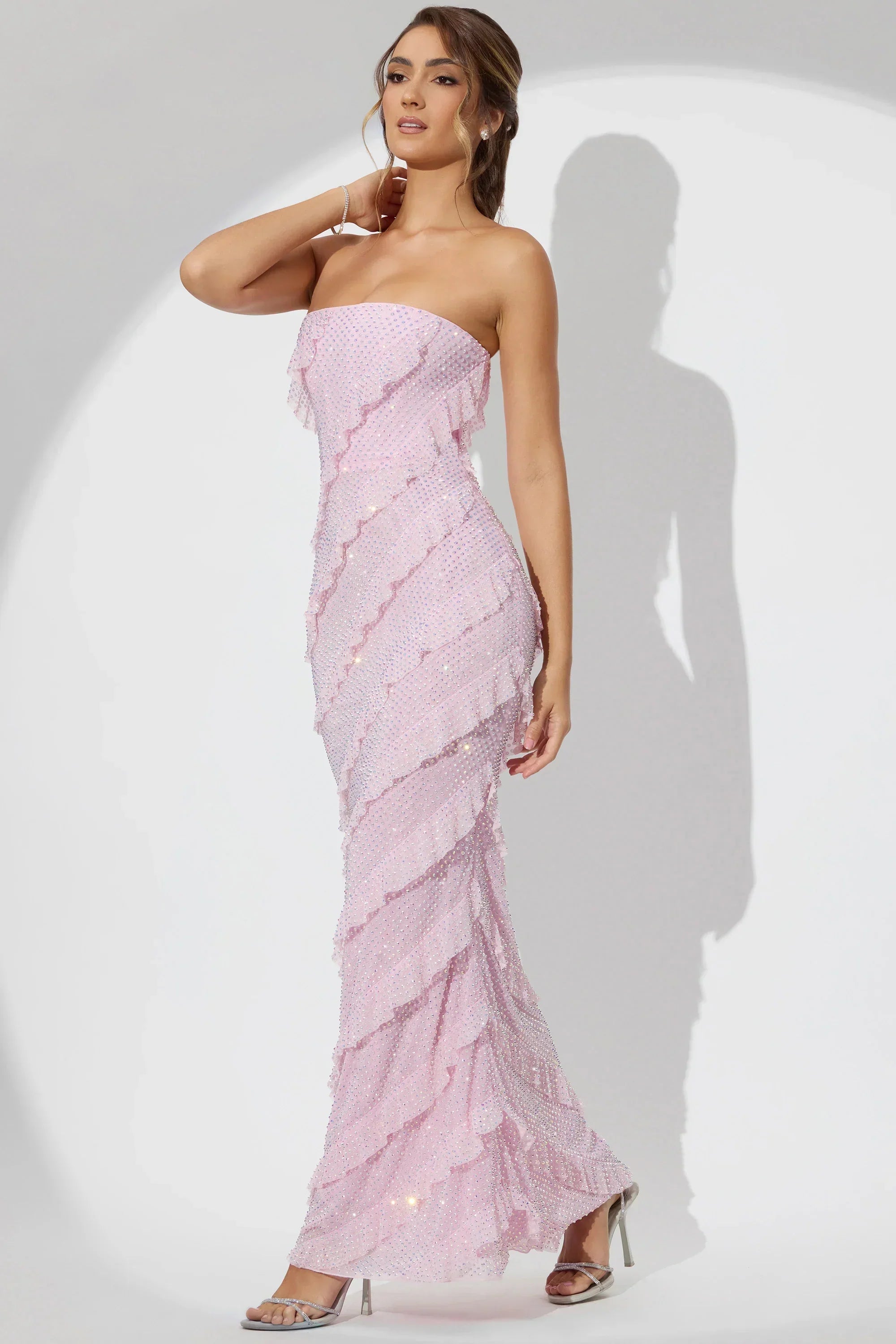 Embellished Strapless Ruffle Maxi Dress in Soft Pink