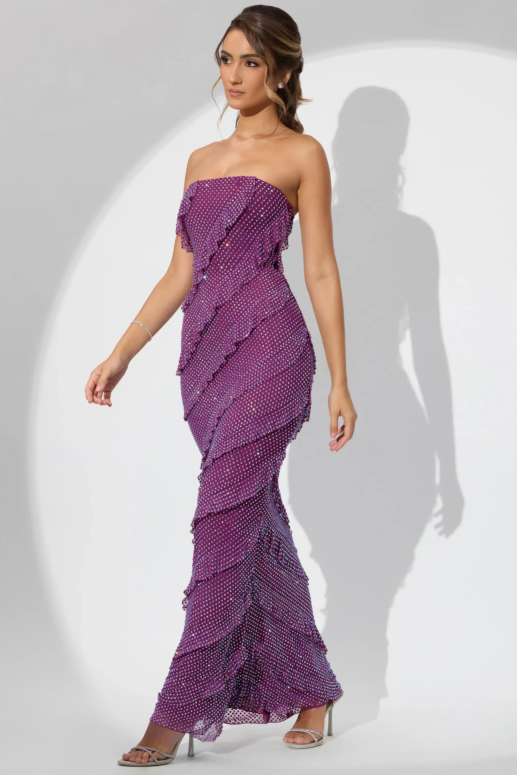 Embellished Strapless Ruffle Maxi Dress in Plum